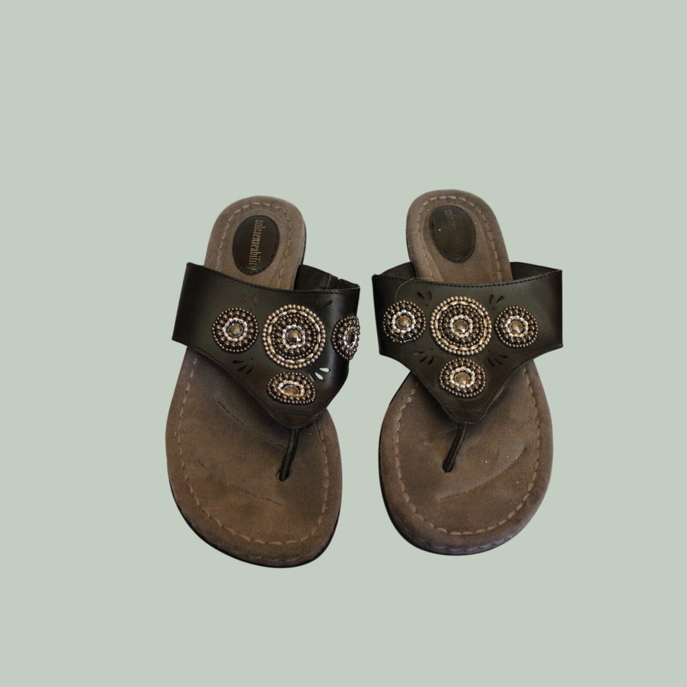 Solesenseability Womens Black Leather Beaded Wedge Thong Sandals BLACK 9.5M